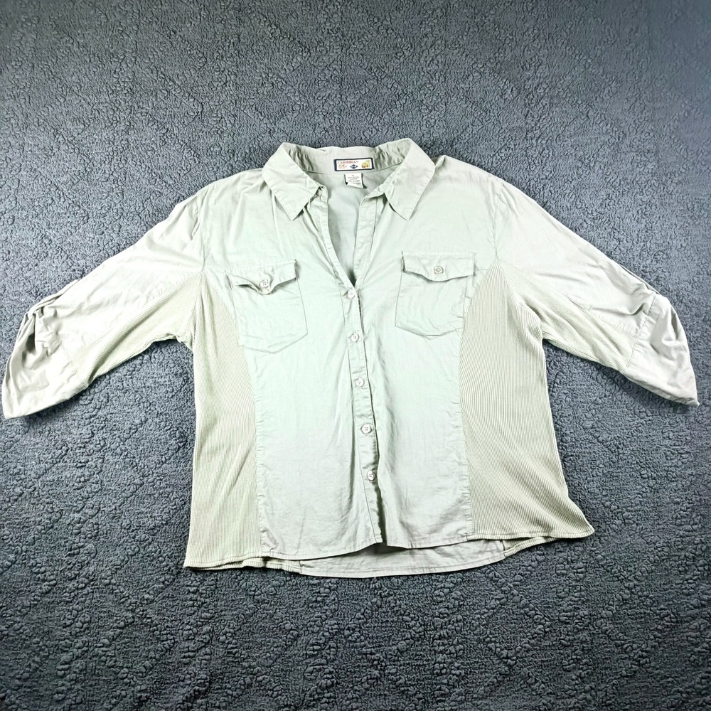 Women's Petite Large Sage Green Cotton Ribbed Panel Button Up Shirt